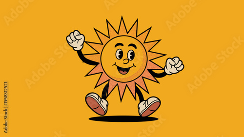 Retro rubber hose cartoon sun character cheering with joy, vintage vector illustration of happy solar mascot, energetic sunshine personality for playful design, cheerful summer vibe, positive energy c