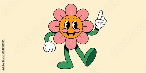 A happy vintage cartoon flower mascot character pointing upwards with excitement against a subtle grid background illustrating a joyful floral mascot design for creative branding projects and digital 