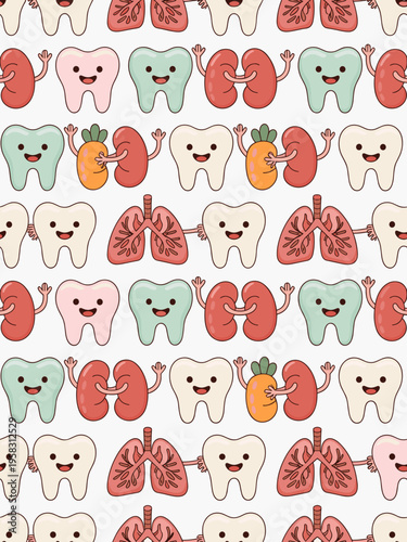 Seamless vector pattern illustration featuring happy cartoon teeth organs lungs and carrots having fun healthy lifestyle characters in a playful clinic environment perfect for pediatric medical decor 