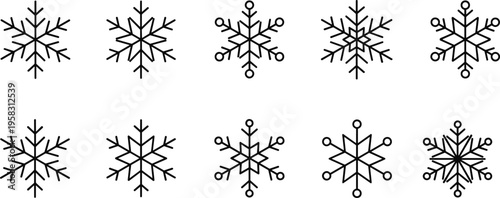 Snowflake icon set featuring various winter crystal designs for Christmas decoration holiday season weather forecast cold climate frozen nature and festive geometric ice symbols