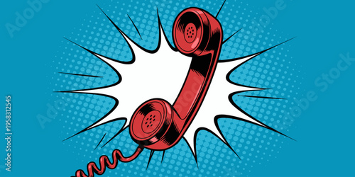 A vibrant vintage red telephone handset isolated against a comic book pop art background with white speech bubble explosion and blue halftone dots pattern for business communication support contact co