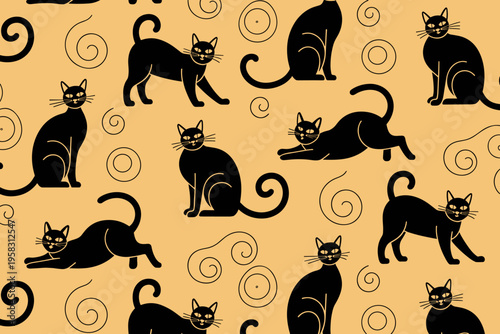 Seamless pattern featuring black silhouette cats in playful poses with curling flourishes on a warm mustard background perfect for fashion fabric apparel print textures gift wrapping paper stationery 