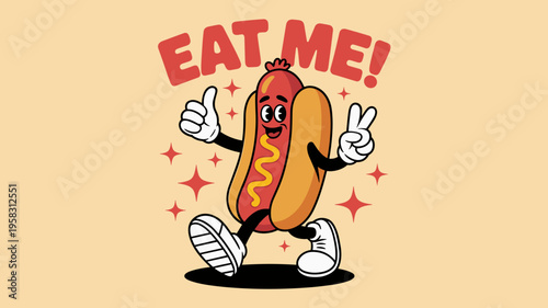 Fun hot dog cartoon character with a friendly smiling face giving a thumb up and peace sign gesture, creative mascot design on light background, perfect for fast food restaurant branding and menu labe