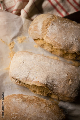 Golden brown ciabatta bread loaves fresh from the oven, dusted with flour and placed on parchment paper. Rustic homemade bakery scene with warm tones and soft textures.