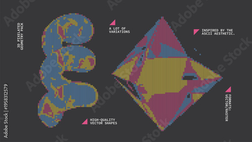 Geometric Shapes Set With Vector Bitmap Dithering Texture.