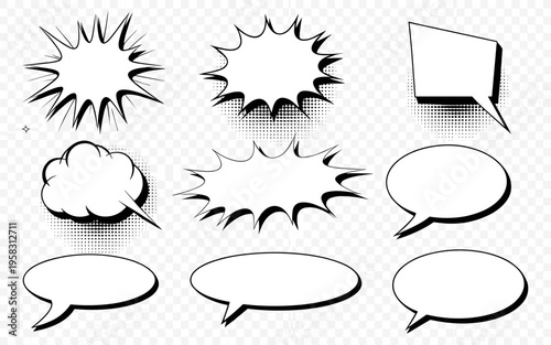 Set of black and white comic speech bubbles with halftone dot patterns, hand drawn doodle thought clouds for graphic design elements, retro pop art style chat balloons for manga, storytelling, and sti