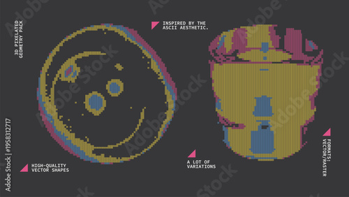 Geometric Shapes Set With Vector Bitmap Dithering Texture.