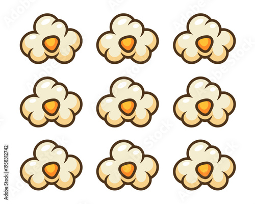 Set of isolated vector popcorn snack pieces arranged in a grid pattern for fast food menu designs, cinema snack branding elements, crunchy buttery savory party treats, cartoon illustration style art g