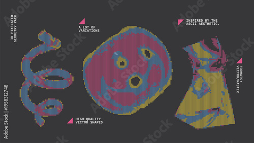 Geometric Shapes Set With Vector Bitmap Dithering Texture.