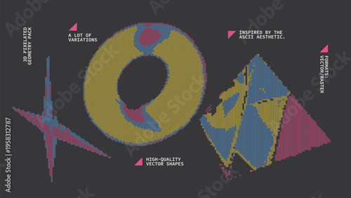 Geometric Shapes Set With Vector Bitmap Dithering Texture.