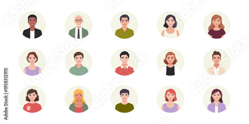 Diverse male and female avatars set featuring various happy multiracial professionals and students smiling for corporate identification profiles, social media contact icons, user interface design elem
