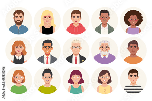 Diverse set of professional human avatars featuring multiethnic males and females with varied hairstyles and clothing representing inclusive modern global society characters for UI web interface desig