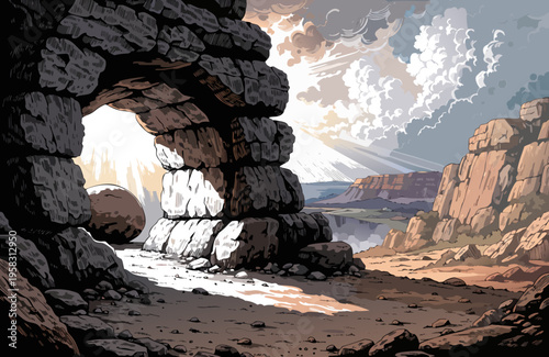 Radiant Dawn Light Shining on Empty Tomb Easter Resurrection Misty Hills Dramatic Shadows Spiritual Hope