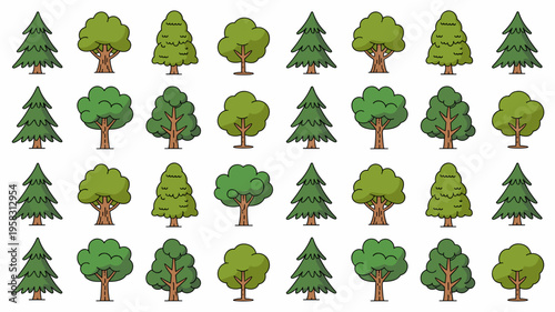 Seamless vector pattern featuring a diverse collection of flat stylized forest trees including evergreen pines and deciduous oaks for nature design elements, woodland background, ecological graphic pr
