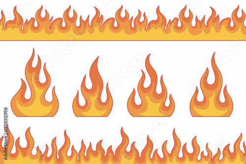 Stylized Fire Flame Vector Design Set Featuring Seamless Borders and Isolated Burning Shapes for Heat Energy Graphics, Decorative Border Elements for Creative Print Projects, Hot Blaze Illustrations I