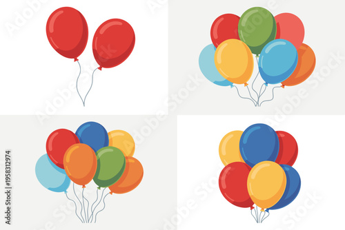 Set of colorful party balloons floating in groups, vibrant helium festive decoration illustrations for birthday celebrations, special events, anniversary decor, playful graphic design assets, flat vec