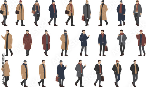 Large set of diverse men walking in stylish winter and autumn coats, scarves, and hats isolated on white background.