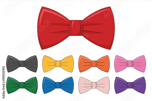 Set of colorful formal bow ties in diverse vibrant shades isolated on a crisp white background for gentlemen fashion accessories, elegant wedding party clothing details, stylish menswear and gala cost
