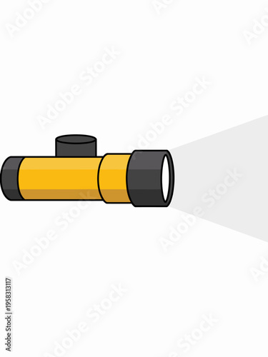 Minimalist yellow flashlight emitting a bright beam of light isolated on white, digital illustration representing guidance, discovery, safety, exploration, camping gear, emergency utility, search, ico