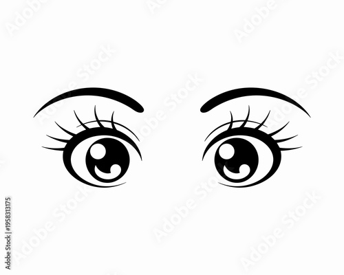 Minimalist pair of cute cartoon eyes with long eyelashes and arched eyebrows, stylized anime manga expression for character design, graphic vector illustration isolated on white, expressive emotive ga