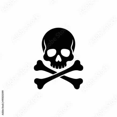Minimalist black and white skull and crossbones icon isolated on a neutral background, representing classic pirate danger, toxic warning symbol for hazardous material, mortality emblem and death sign 