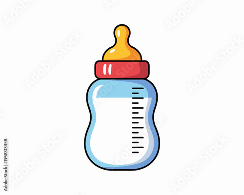 Cartoon baby bottle illustration showing a filled glass feeder with a yellow silicone teat and measurement scale isolated on white background for infant care nursery products or pediatric nutrition fe