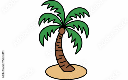 A stylized flat vector illustration of a tropical palm tree featuring a curved rustic brown trunk and vibrant green fronds set on a sandy island patch, representing summer vacation, holiday travel con