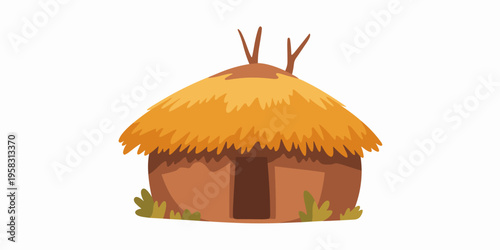 A circular African hut featuring a thick thatched straw roof and sturdy clay mud walls set in a peaceful natural environment representing traditional rural tribal architecture for historic cultural pr