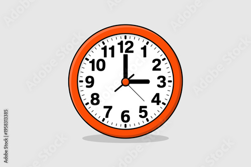 A classic analog wall clock illustration showing three o'clock precisely isolated on a simple grey background for time management scheduling productivity tracking business deadlines office decor desig