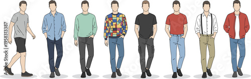 Men's casual fashion collection with diverse outfits including streetwear sweaters and smart business casual wear