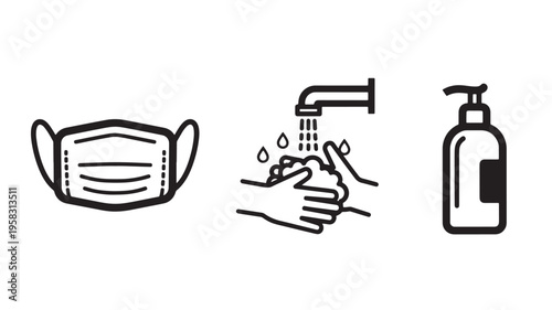 Vector Illustration Of Face Mask, Hand Washing With Soap And Water For Health And Hygiene Concept Medical Health Isolated On Transparent Background