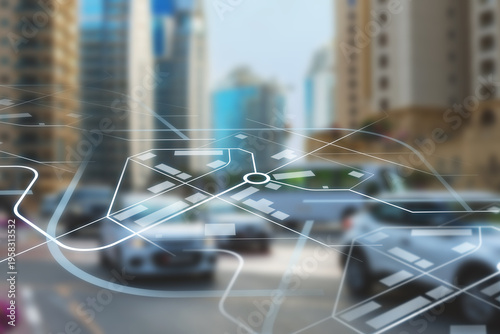 View of city traffic with digital map overlay showing streets and roads