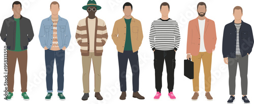 Men's casual fashion collection with diverse outfits including streetwear sweaters and denim