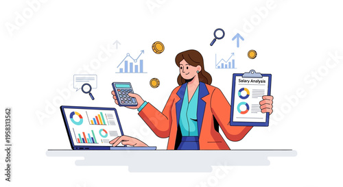 Businesswoman analyzing financial data with laptop and calculator.