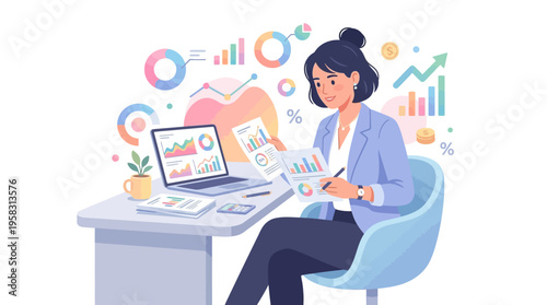 Businesswoman analyzing financial reports at her desk with laptop.