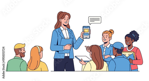 Businesswoman presenting mobile app to diverse audience in meeting.