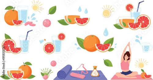 Healthy citrus lifestyle vector set with grapefruit drinks, yoga activity and fresh fruit elements, wellness and hydration illustration collection isolated on white background