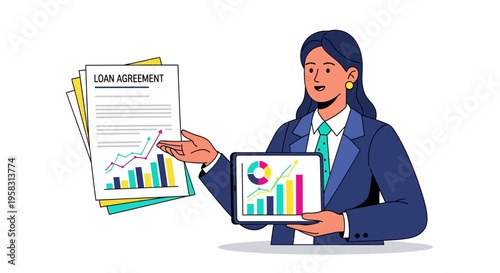 Businesswoman presenting loan agreement and financial charts on tablet.