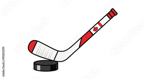 Canadian Hockey Stick and Puck with Maple Leaf Flag