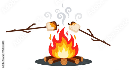 Campfire Marshmallows Roasting Over Flames.