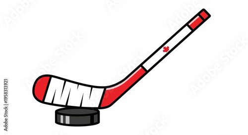 Canadian Hockey Stick and Puck with Maple Leaf