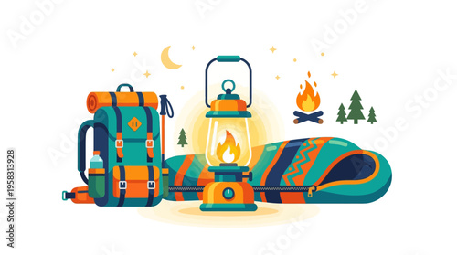 Camping Gear Collection Backpack Lantern Sleeping Bag Campfire.