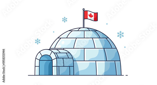 Canadian Igloo with Flag, Snowflakes, Winter Scene Illustration