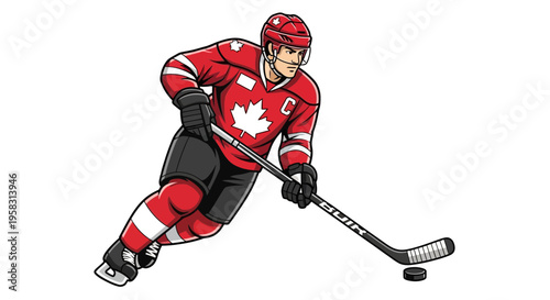 Canadian Ice Hockey Player in Action, Red Jersey with Maple Leaf Emblem