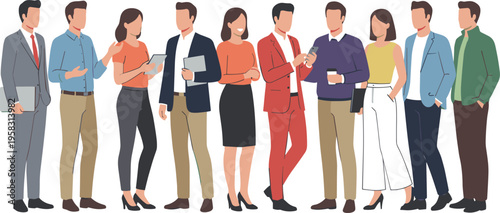 Set of diverse creative professionals and young creative professionals and young entrepreneurs walking with laptops and coffee isolated on white background.