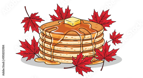 Canadian Maple Syrup Pancakes with Butter and Red Maple Leaves