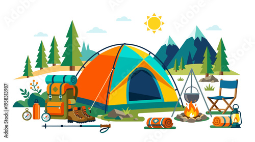 Camping Gear Setup Outdoor Adventure Scene.