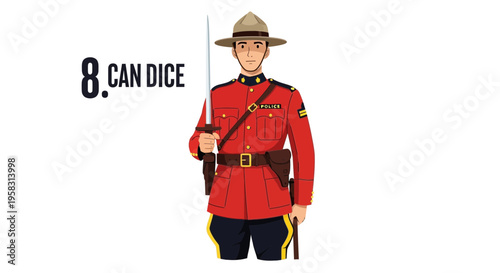 Canadian Mountie Soldier Holding Sword and Pistol, Uniform, Illustration