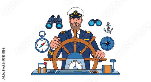 Captain Steering Ship Wheel Nautical Navigation Equipment.