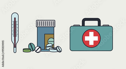 Medical Supplies: Thermometer, Pills, and First Aid Kit